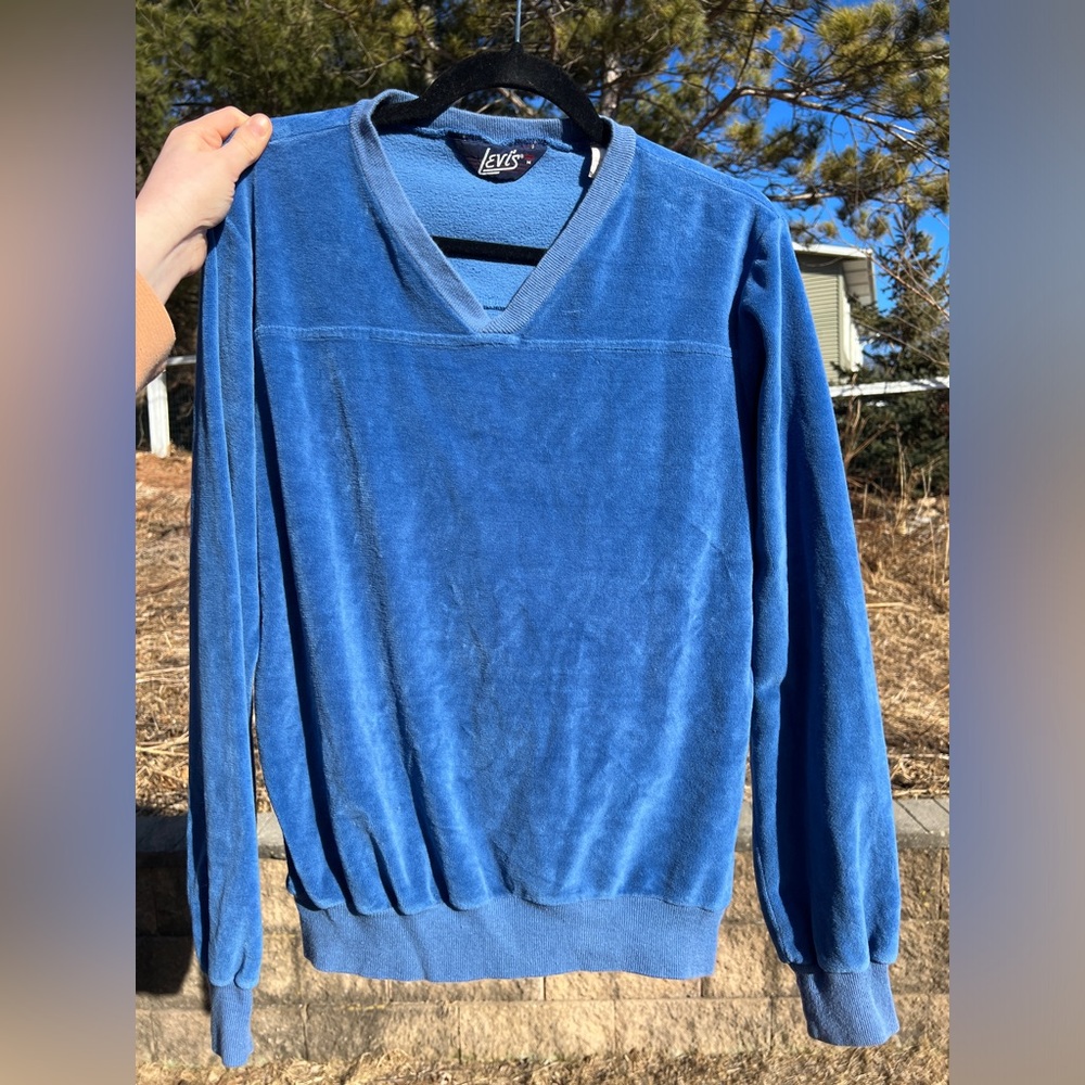 Levi’s Vintage 1960's V Neck Sweatshirt Velour Blue Medium USA Made Velvet Big E